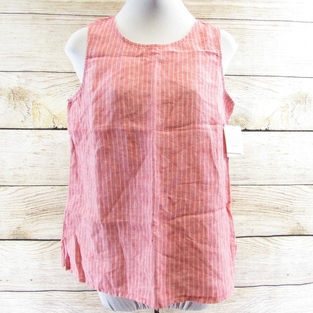 Ellen Tracy Tank Top Size S Red White Stripes Sleeveless Linen Keyhole NEW $79